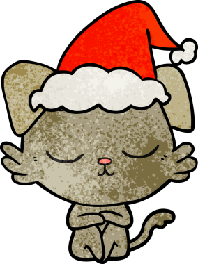 Bir insan tarafından çizilmiş Noel Baba şapkası takan bir köpeğin çizilmiş güzel el çizimi karikatürü.