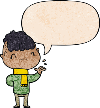 Bir insan tarafından çizilmiş eski tarz konuşma baloncuğu olan çizgi film dostu çocuk.