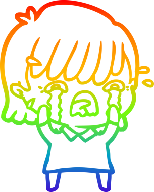 Gökkuşağı gradyan çizimi bir insan tarafından çizilmiş ağlayan bir çizgi kız çizimi