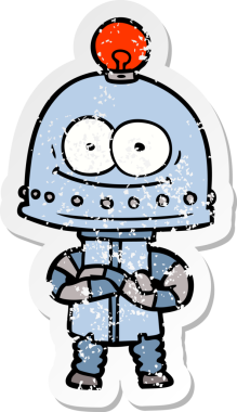 Bir insan tarafından çizilmiş ampullü mutlu bir robot çıkartması.