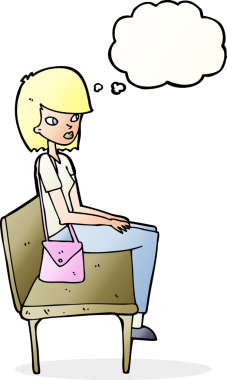 Bir insan tarafından çizilmiş düşünce baloncuğuyla bankta oturan çizgi film kadını.