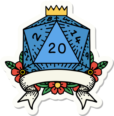 Bir insan tarafından çizilmiş 20 kritik vuruşluk D20 zar etiketi.