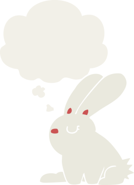 Düşünce baloncuklu çizgi film tavşanı insan tarafından çizilmiş.