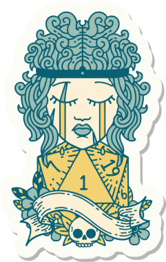 Bir insan tarafından çizilmiş doğal bir d20 rulo ile ağlayan bir insan barbarının çıkartması.