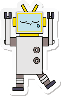Bir insan tarafından çizilmiş şirin, ağlayan bir robot çıkartması.