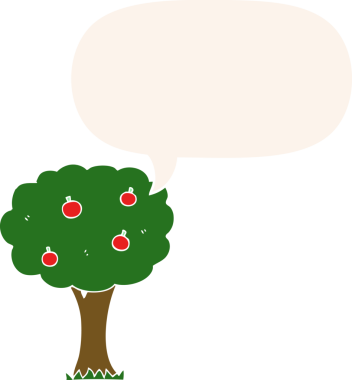 bir insan tarafından çizilmiş, konuşma baloncuklu elma ağacı.