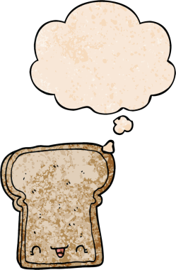 Bir insan tarafından çizilmiş grunge desenli düşünce baloncuklu şirin bir ekmek dilimi.