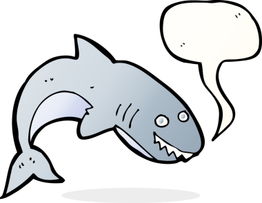 Bir insan tarafından çizilmiş konuşma baloncuklu çizgi film köpekbalığı.