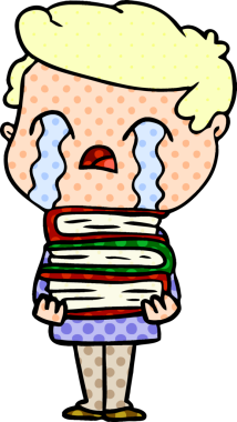 Çizgi filmci bir insan tarafından çizilmiş bir yığın kitap için ağlıyor.