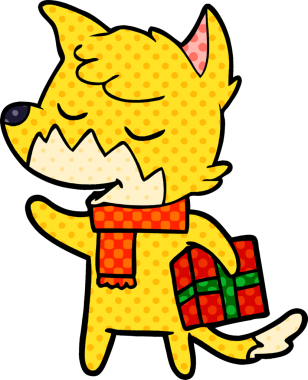 Bir insan tarafından çizilmiş Noel hediyesi olan dost canlısı çizgi film tilkisi.