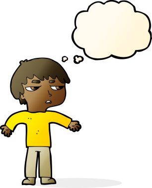 Bir insan tarafından çizilen düşünce baloncuğuyla sinirlenmiş bir çocuk.