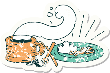 Bir insan tarafından çizilmiş eski dövme stili bir kahvaltı ve kahve etiketi.