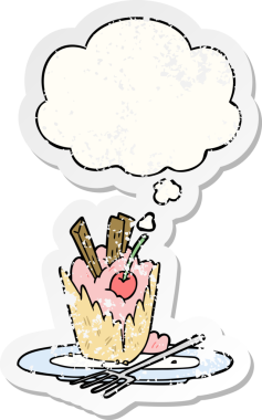 Düşünce baloncuklu karikatür tatlısı insan tarafından çizilmiş yıpranmış bir çıkartma gibi.