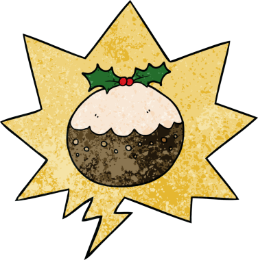 Karikatür noel pudingi, konuşma baloncuğu ile retro doku şeklinde bir insan tarafından çizilmiş.