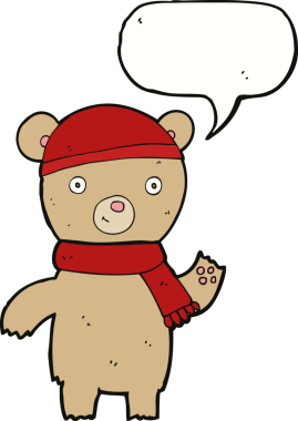 Bir insan tarafından çizilmiş konuşma balonlu oyuncak ayıyı sallayan çizgi film.