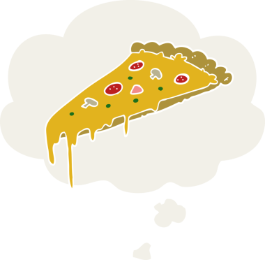 Düşünce baloncuklu çizgi film pizza dilimi insan tarafından çizilmiş.