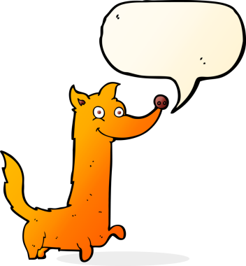 bir insan tarafından çizilmiş konuşma balonlu mutlu bir köpek.