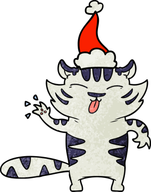 Bir insan tarafından çizilmiş Noel Baba şapkası giyen beyaz bir kaplanın el çizimi karikatürü.