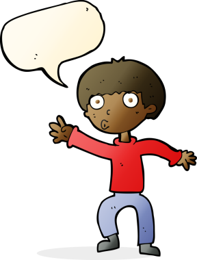 Çizgi filmci çocuk bir insan tarafından çizilmiş konuşma balonuyla uyarı sallıyor.