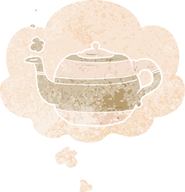 Düşünce baloncuğu ile çizgi film çaydanlığı grunge sıkıntılı retro dokuma tarzı bir insan tarafından çizilmiş