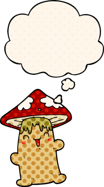 Çizgi roman tarzında bir insan tarafından çizilmiş düşünce balonlu mantar karakteri.