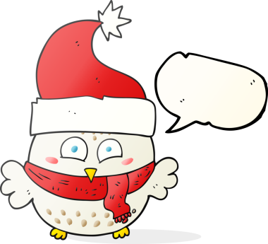 Bir insan tarafından çizilmiş noel şapkası giyen serbest konuşma balonu karikatürü baykuşu.