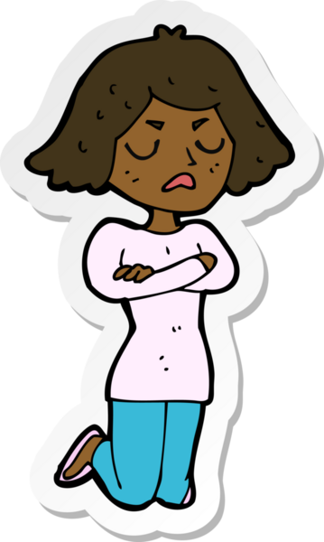 Çizgi film çıkartması. Bir insan tarafından çizilmiş rahatsız bir kadın.