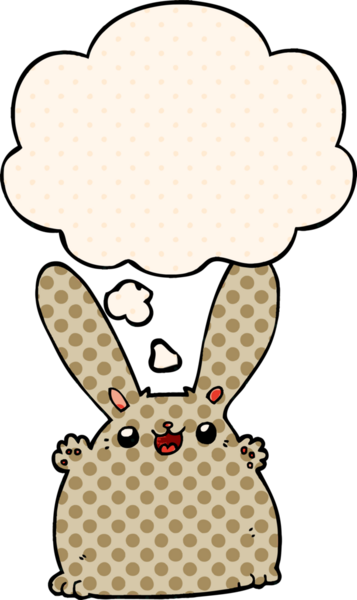 Çizgi roman tarzında bir insan tarafından çizilmiş düşünce kabarcığı olan çizgi film tavşanı.