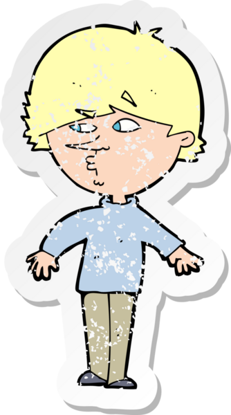 Bir insan tarafından çizilmiş omzunun üzerinden bakan şüpheli bir çizgi filmin gerilemiş çıkartması.