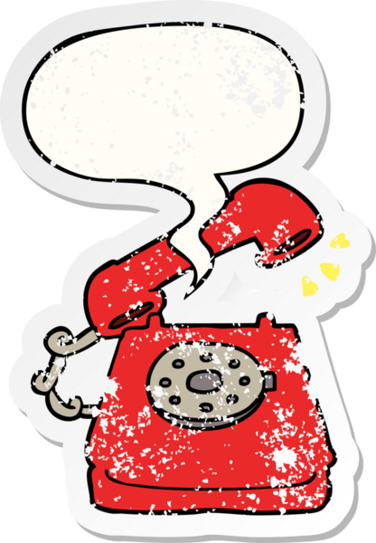 bir insan tarafından çizilmiş sıkıntılı eski bir çıkartma ile konuşma baloncuğu ile telefon çalan çizgi film