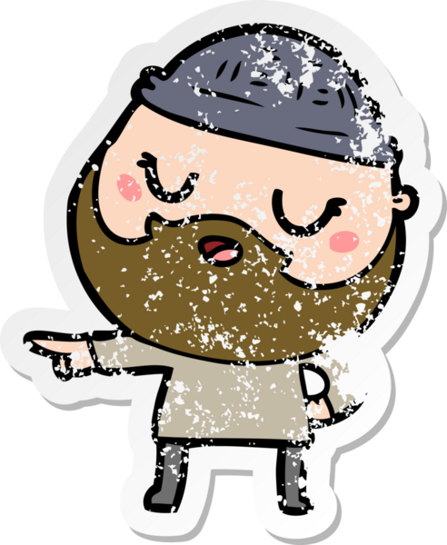 Bir insan tarafından çizilmiş sakallı, sevimli bir çizgi film karakterinin sıkıntılı çıkartması.