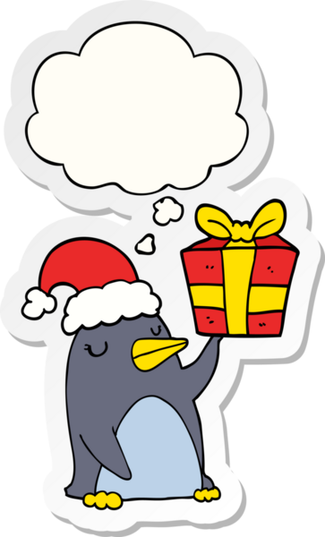 Düşünce baloncuğu ve insan tarafından çizilmiş bir çıkartma ile noel hediyesi olan penguen çizgi filmi.