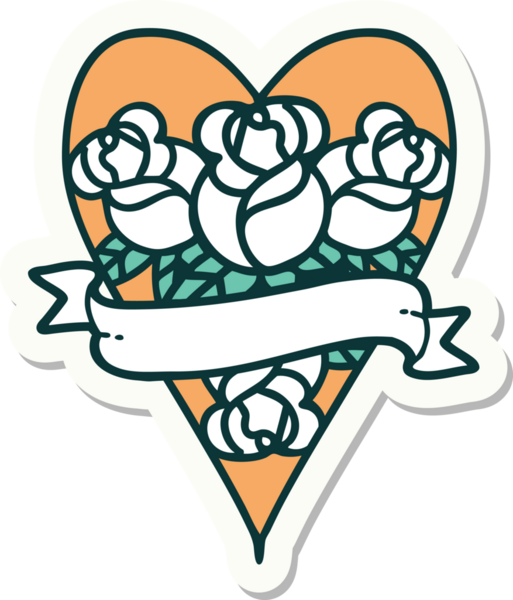 Geleneksel kalp stili dövme çıkartması ve bir insan tarafından çizilmiş çiçekli pankart.