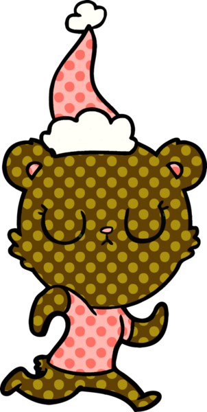 Barışçıl el çizimi çizgi roman tarzı Noel Baba şapkası takan bir ayının insan çizimi.