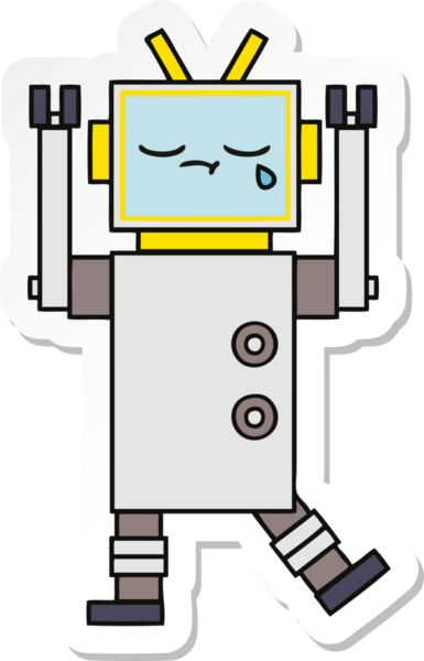 Bir insan tarafından çizilmiş şirin, ağlayan bir robot çıkartması.