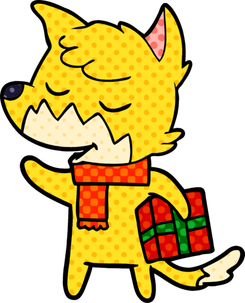 Bir insan tarafından çizilmiş Noel hediyesi olan dost canlısı çizgi film tilkisi.