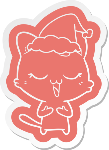 Bir insan tarafından çizilmiş Noel Baba şapkası takan bir kedinin komik çizgi film çıkartması.