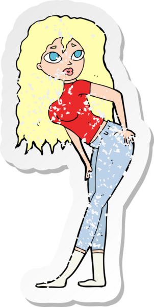 Bir karikatürün gerilimli çıkartması. Çekici bir kadın. Bir insan tarafından çizilmiş.