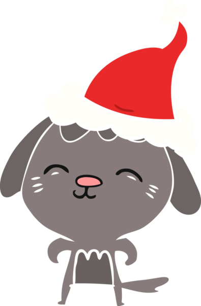 Bir insan tarafından çizilmiş Noel Baba şapkası takan bir köpeğin düz renkli çizimi.