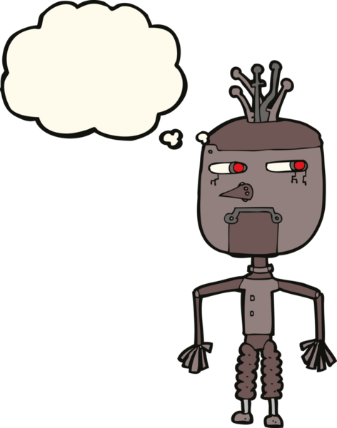 Bir insan tarafından çizilmiş düşünce baloncuklu çizgi film robotu