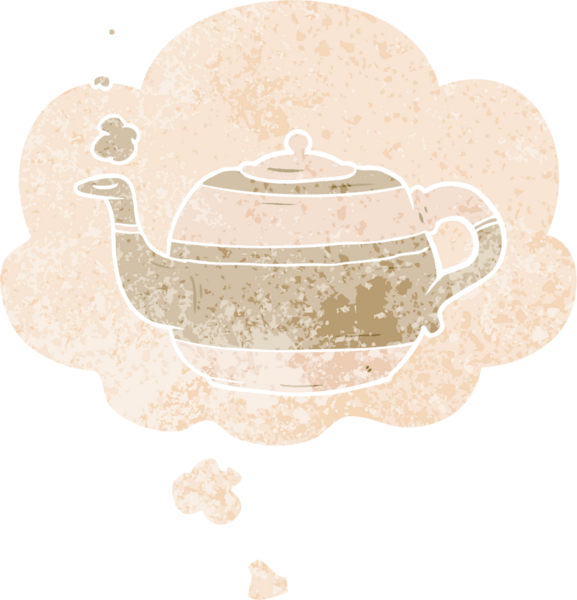 Düşünce baloncuğu ile çizgi film çaydanlığı grunge sıkıntılı retro dokuma tarzı bir insan tarafından çizilmiş