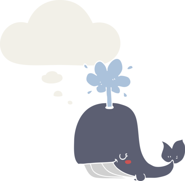 Düşünce baloncuğu olan karikatür balinası insan tarafından çizilmiş.