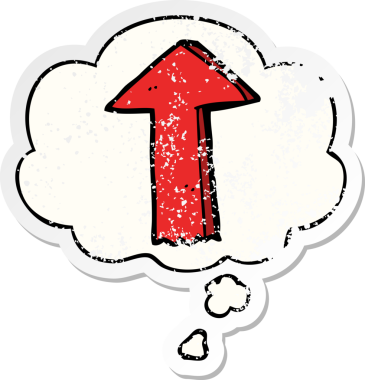 Düşünce baloncuğu olan çizgi film oku bir insan tarafından çizilmiş yıpranmış bir çıkartma gibi.