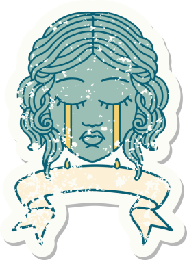 Bir insan tarafından çizilmiş kadın yüzü dövmeli eski bir etiket.