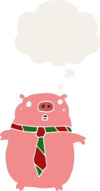 Ofis kravatlı çizgi film domuzu. Düşünce baloncuğu bir insan tarafından çizilmiş.