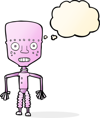 Bir insan tarafından çizilmiş düşünce baloncuklu komik robot.