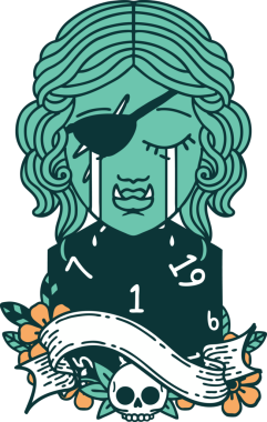 Retro Dövme Tarzı Ağlayan Ork düzenbaz karakter yüzü ve bir insan tarafından çizilmiş doğal bir D20 rulo