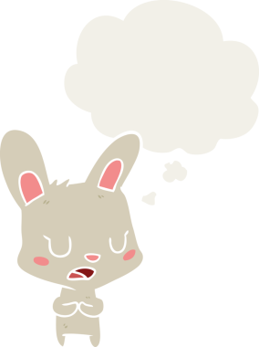 Bir insan tarafından çizilmiş düşünce baloncuğuyla konuşan çizgi film tavşanı.