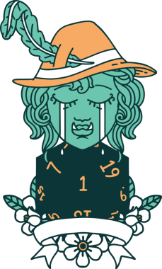 Retro Dövme Tarzı Ağlayan Ork Ozan Karakteri Bir insan tarafından çizilmiş doğal bir D20 rulo