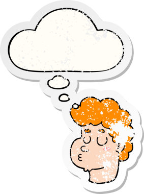 Düşünce baloncuklu karikatür erkek yüzü bir insan tarafından çizilmiş yıpranmış bir çıkartma gibi.